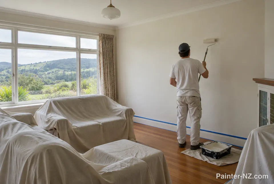 A painter rolling a warm white colour on a living room wall, furniture under drop sheets
